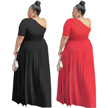 Plus Size Sexy Sheer Mesh One Shoulder Maxi Dress-Top