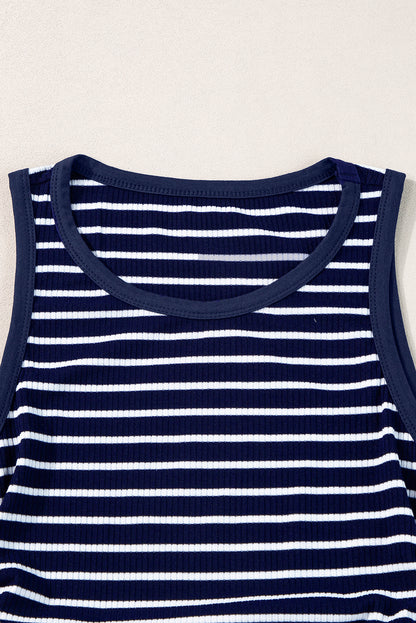 Blue Stripe Contrast Round Neck Sleeveless Slim Top