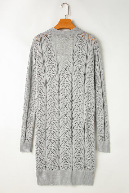 Gray Hollow Out Buttons Front Long Cardigan