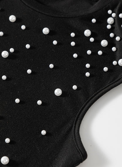 Black Pearls Beaded Shoulder Pad Crew Neck Tank Top