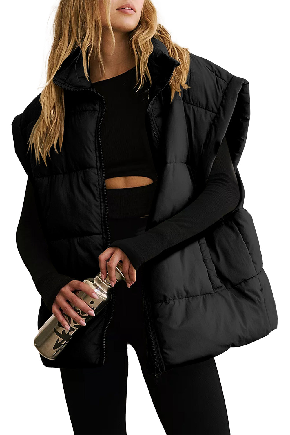 Black Solid Zipper Oversized Puffer Vest