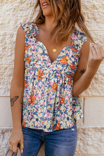 Multicolor Floral Ruffle Straps Sweetheart Peplum Tank