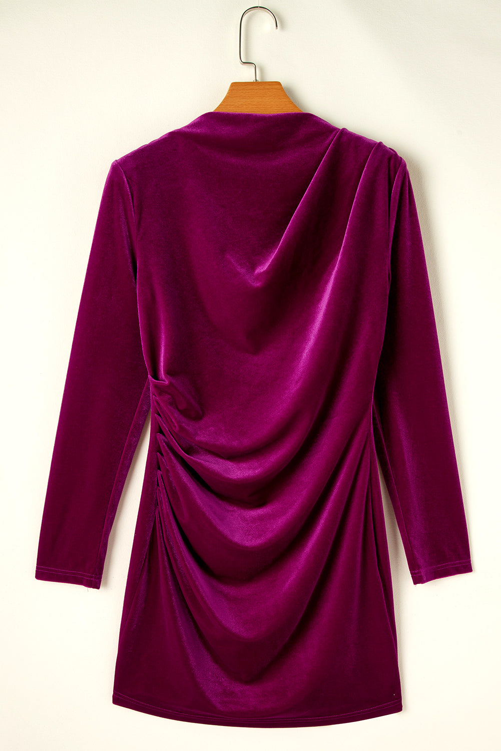 Pink Velvet Mock Neck Ruched Long Sleeve Bodycon Dress