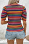 Rose Red Multicolor Jacquard Geo Patterned Puff Sleeve T Shirt