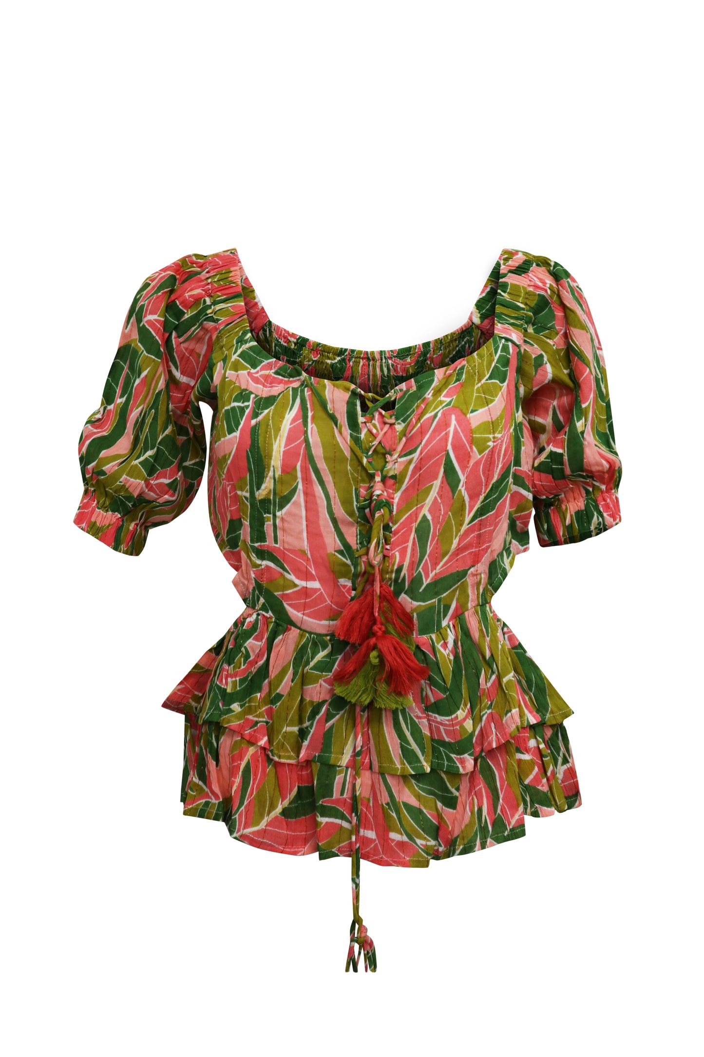 Ladies  Green Peach Palm Printed Smocked Off the Shoulder Cap Sleeve Ruffle Top with Open Detail at Sides