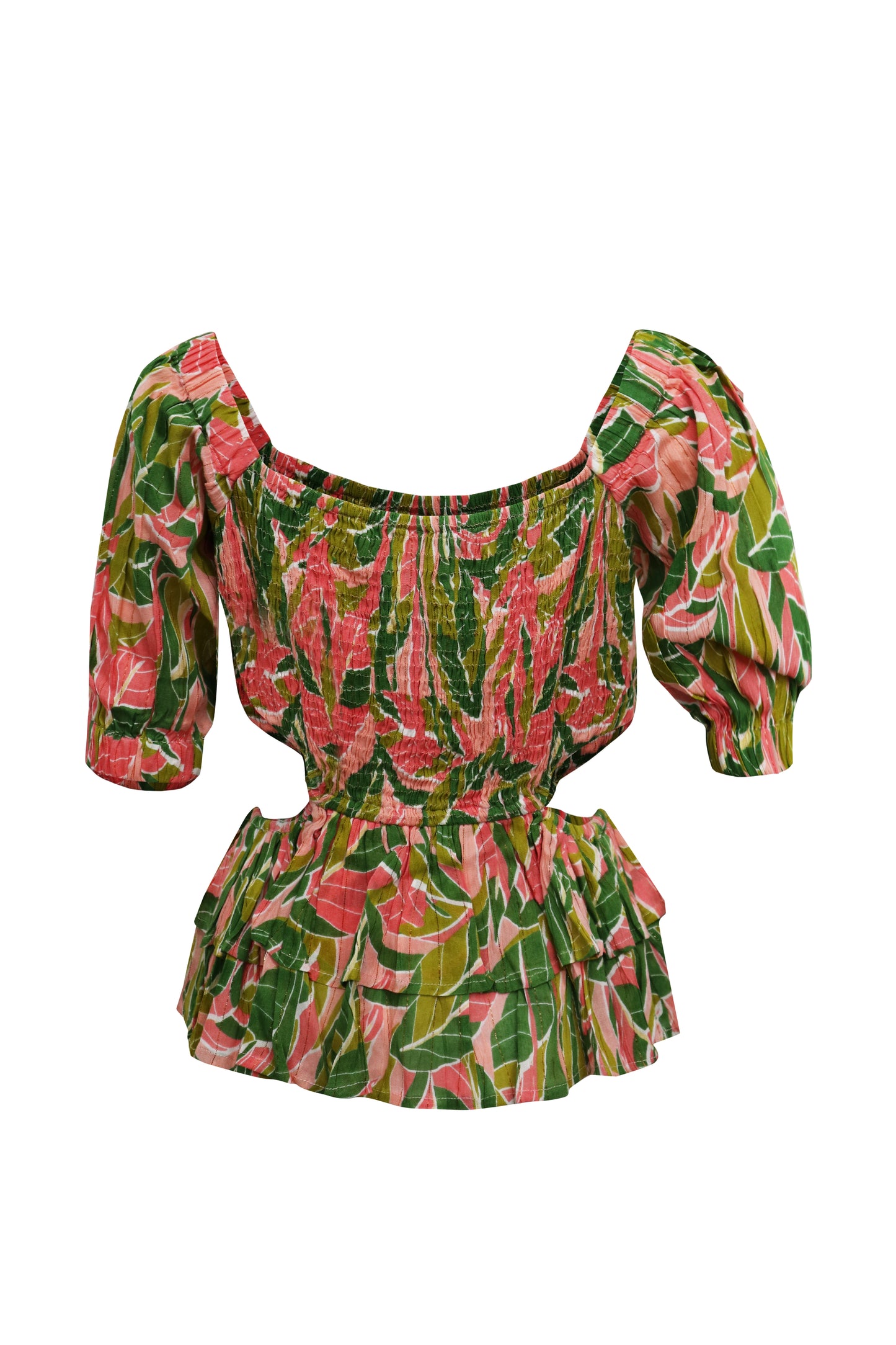 Ladies  Green Peach Palm Printed Smocked Off the Shoulder Cap Sleeve Ruffle Top with Open Detail at Sides