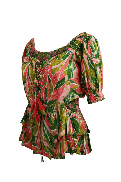 Ladies  Green Peach Palm Printed Smocked Off the Shoulder Cap Sleeve Ruffle Top with Open Detail at Sides