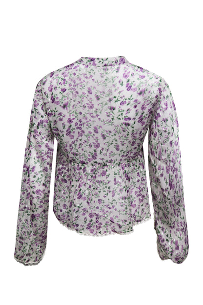 Ladies Ditsy Purple Floral  Gauze Printed Baby Button Aline Long Sleeve Top