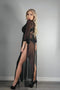 Ladies  Sexy Sheer Long Robe w/ Sleeve Lace & Side Slits Front Rhinestone Button