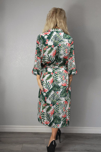 Ladies Sexy Cream  Palm Floral  Printed  Long Robe / Cover up