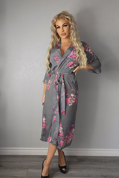 Ladies Sexy Gray Rose Printed Long Robe / Cover up