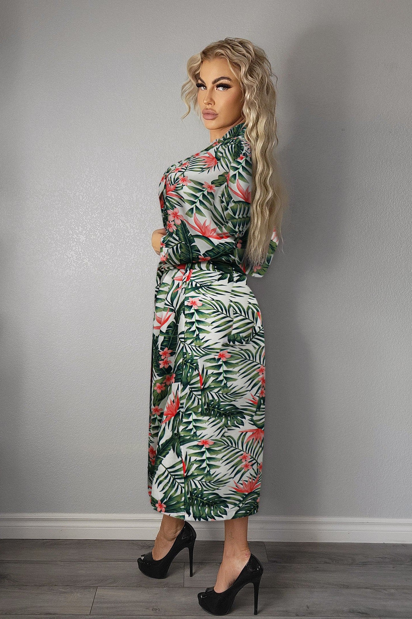 Ladies Sexy Cream  Palm Floral  Printed  Long Robe / Cover up