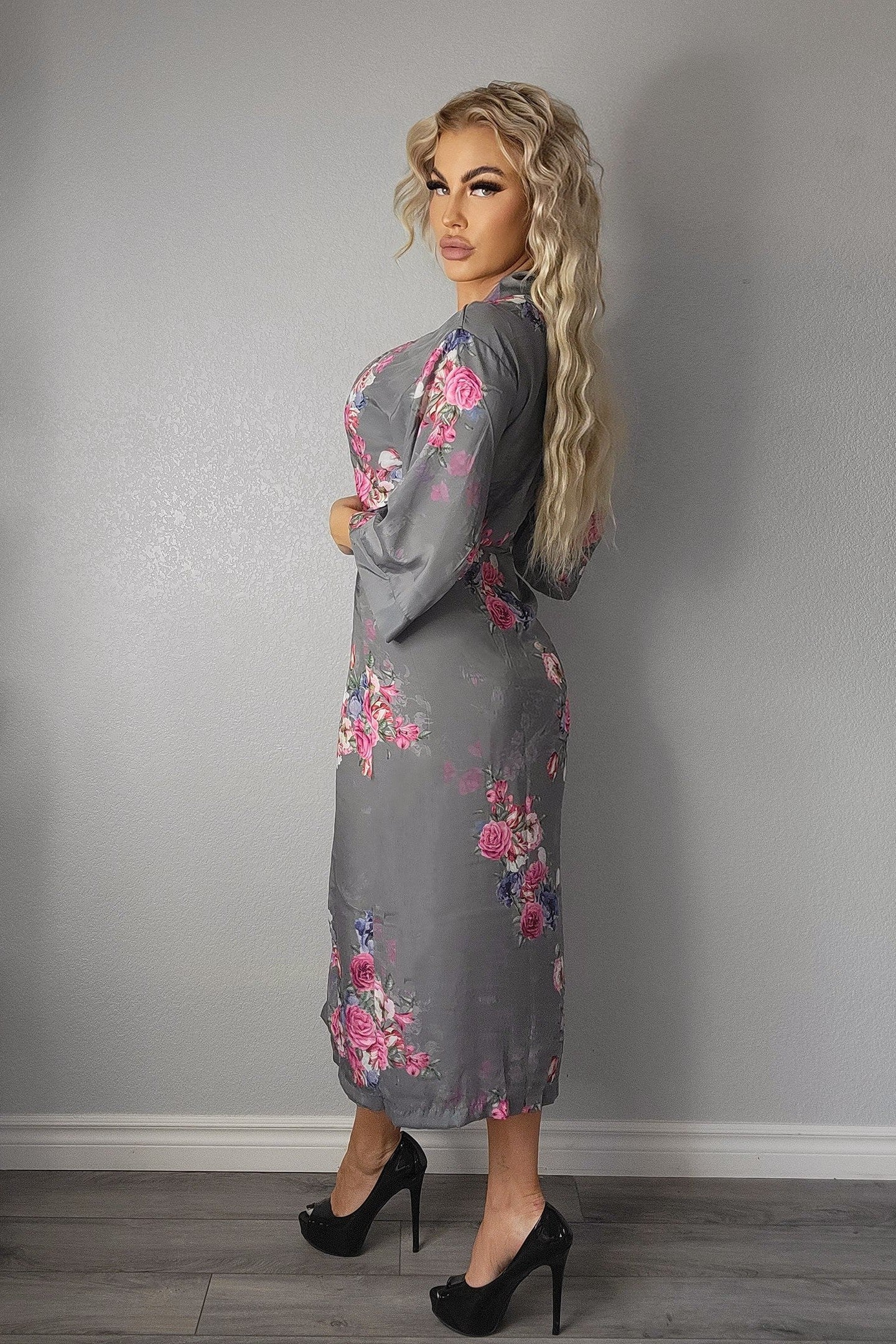 Ladies Sexy Gray Rose Printed Long Robe / Cover up