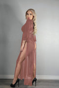 Ladies  Sexy Sheer Long Robe w/ Sleeve Lace & Side Slits Front Rhinestone Button