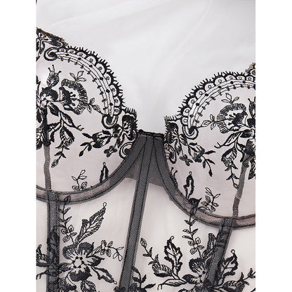 Ladies Sexy Nude/ Black Embroidery Sheer Corset w/ Matching Panty