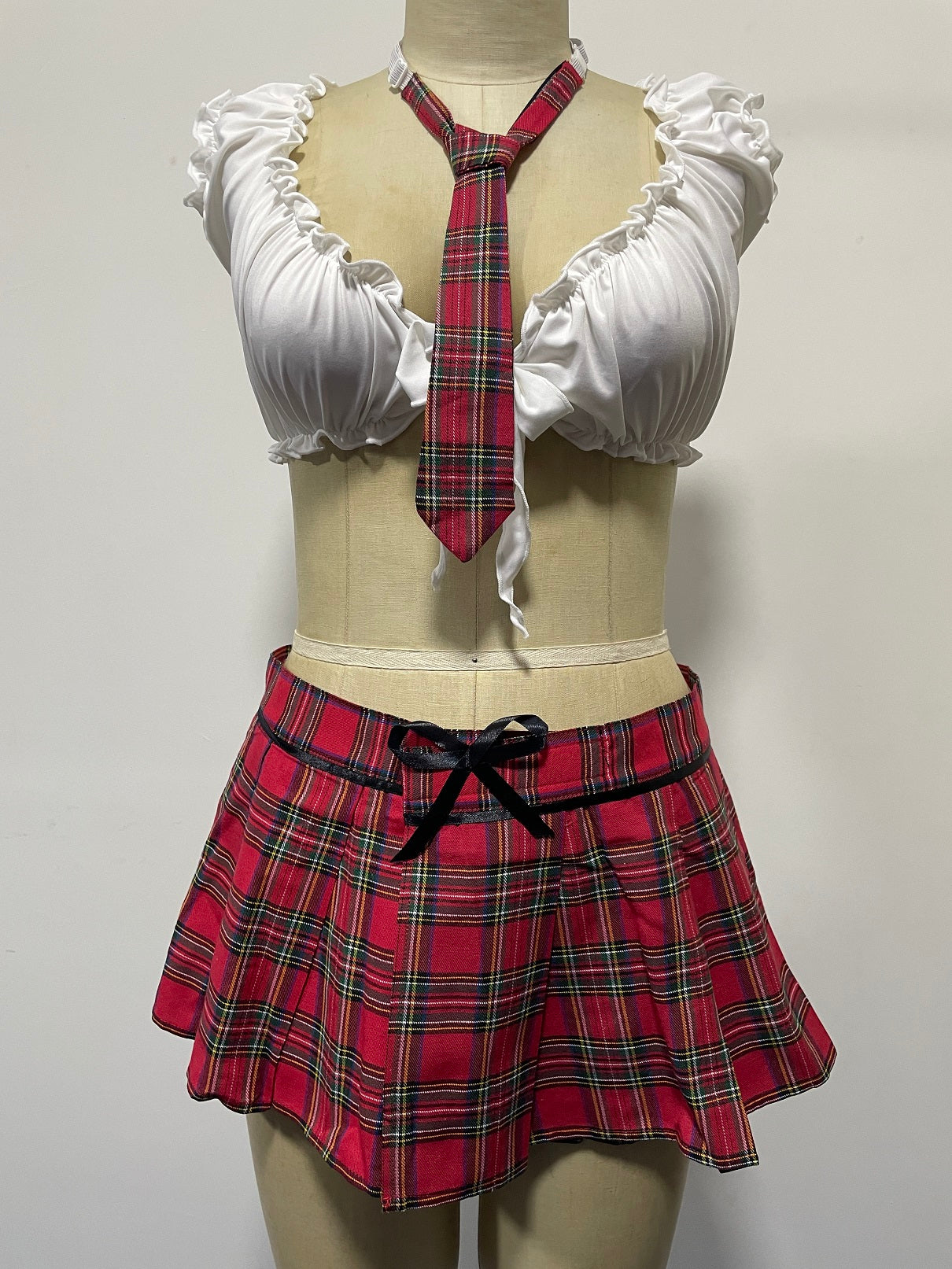 Ladies Sexy Cosplay School Girl Plaid Skirt, Tie and Off Shoulder Top Set 3 pieces