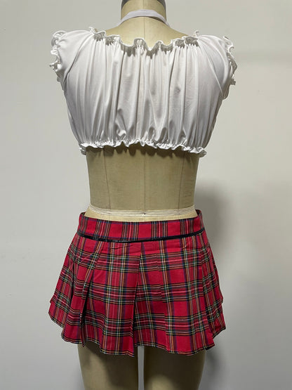 Ladies Sexy Cosplay School Girl Plaid Skirt, Tie and Off Shoulder Top Set 3 pieces