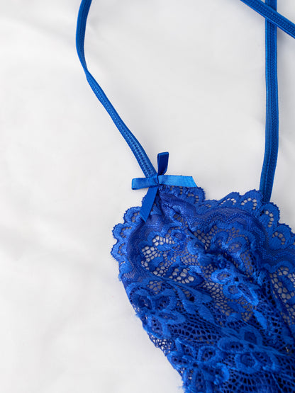 Ladies Sexy Royal Blue Crotchless Lace Teddy
