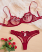 Ladies Sexy Deep Red Embroidery Sheer Bra Set w/ Matching Panty