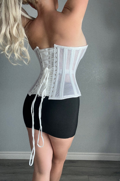 Sexy Ladies Mesh Strapless Front Zip Corset w/ Wire Boning In Black Or White Lace Back