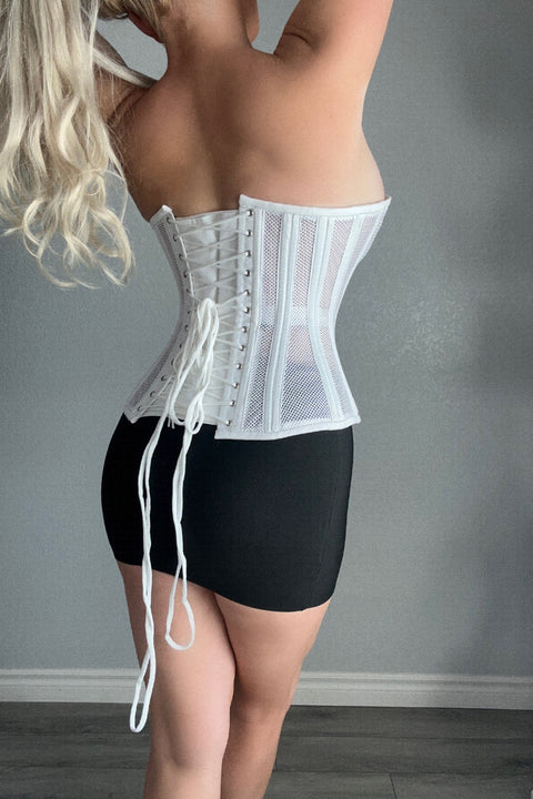 Sexy Ladies Mesh Strapless Front Zip Corset w/ Wire Boning In Black Or White Lace Back