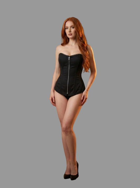 Ladies Sexy Black Cotton Wire Metal Corset w/ Front Zipper Pique Trim