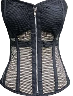 Ladies Sexy Black Fishnet Front Zip Wire Metal Corset with Lace Back Detail