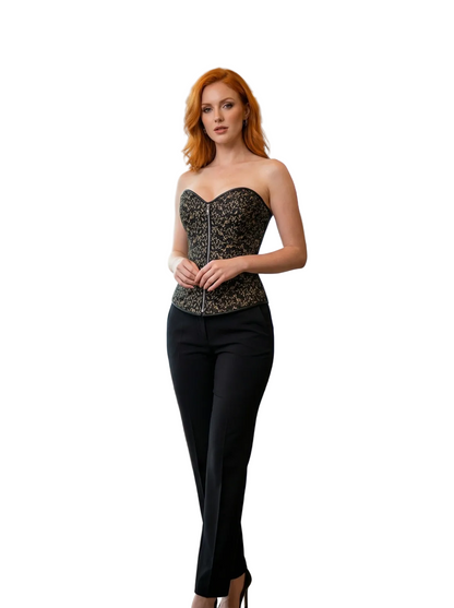 Ladies Black Brocade Wire Metal Corset with Front Zip and Back Tie up