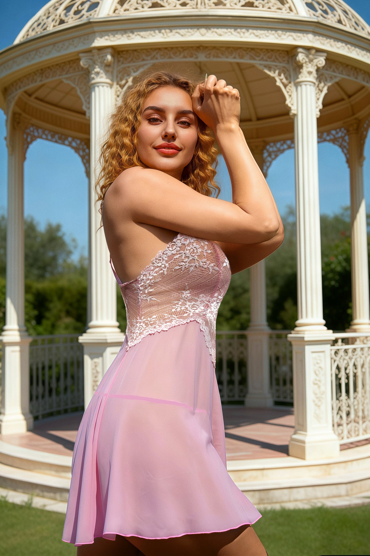 Ladies Sexy Pea Mesh  Chemise with Crossed Dyed Lace in Black or Baby Pink