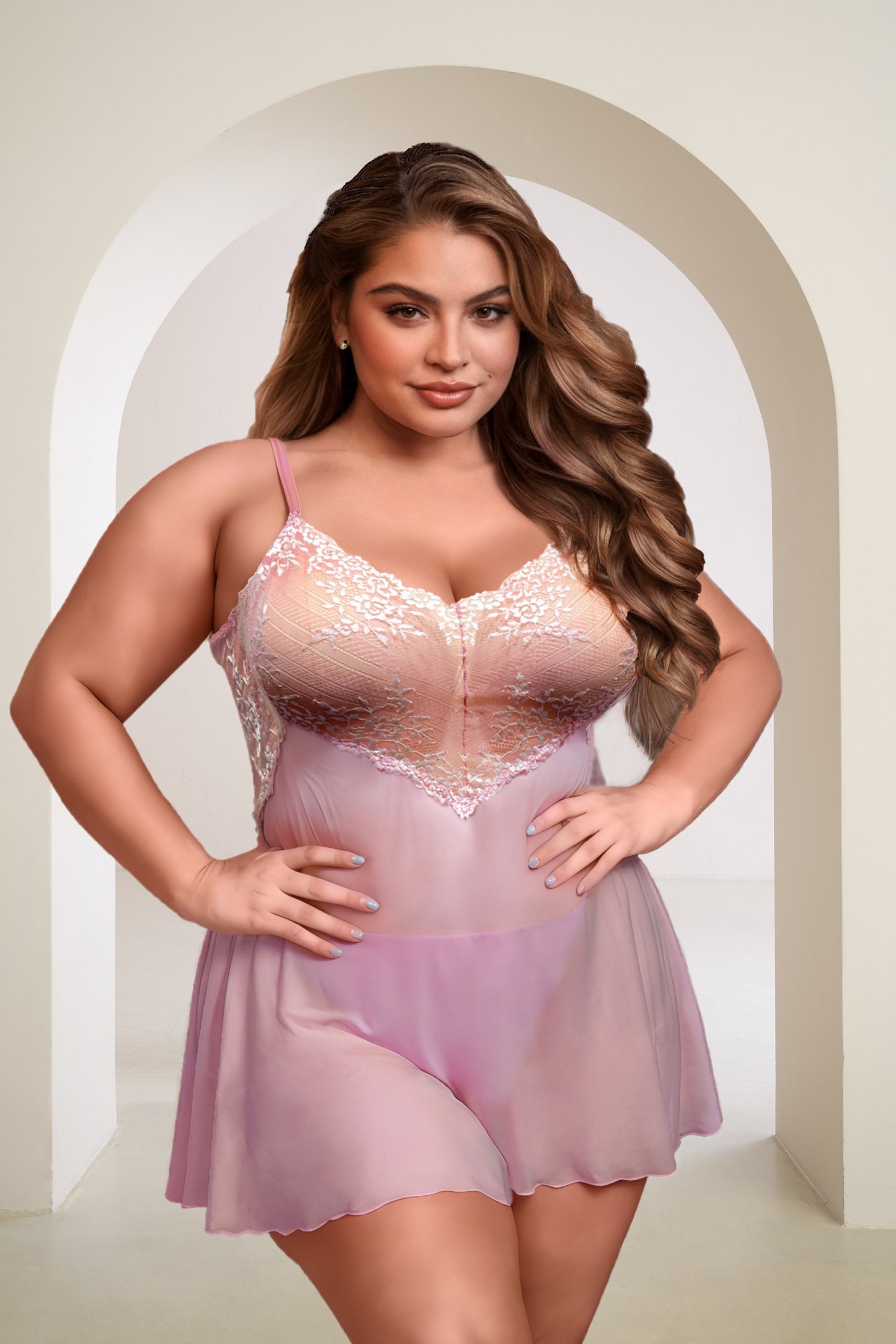 Ladies Sexy Pea Mesh  Chemise with Crossed Dyed Lace in Black or Baby Pink