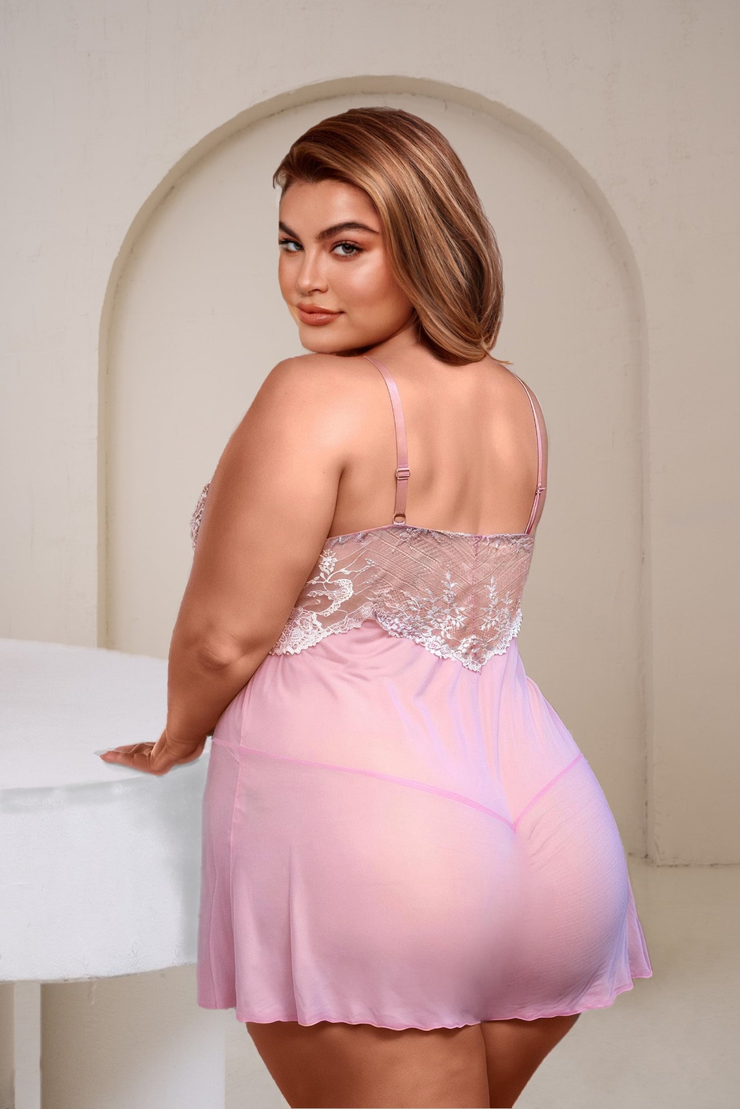 Ladies Sexy Pea Mesh  Chemise with Crossed Dyed Lace in Black or Baby Pink