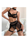 LadiesBlack Fishnet Bra Set with Skirt and Choker w/ Matching Garters Hardware Accents