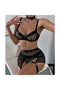 Ladies  Black Fishnet Bra Set with Skirt and Choker w/ Matching Garters Hardware Accents