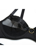 Ladies  Black Fishnet Bra Set with Skirt and Choker w/ Matching Garters Hardware Accents