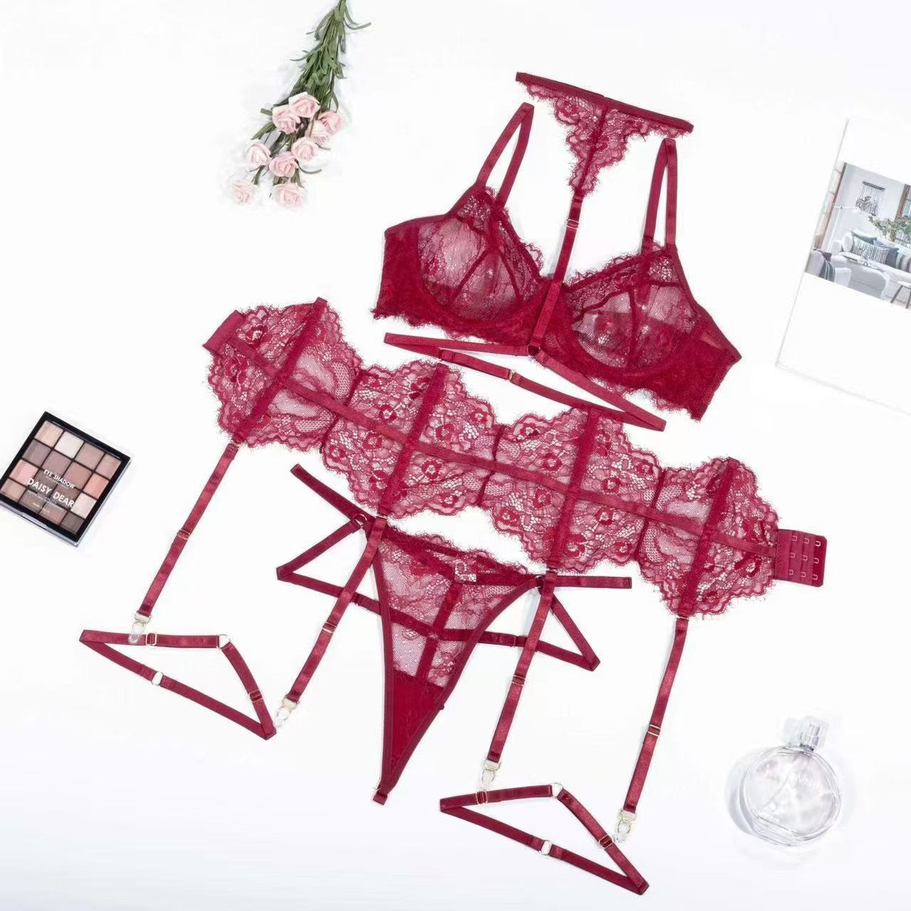Ladies Sexy Eyelash Lace Bra Set with Garters, Matching Thong and Chok Lovely Lies Ladies Sexy Eyelash Lace Bra Set with Garters, Matching Thong and Chok Lovely Lies