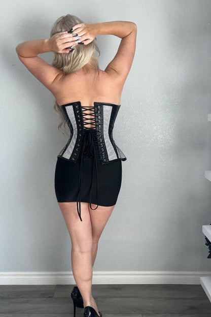 Ladies Sexy Black  Metal Wire Boned PVC   Front Zip Mesh Corset