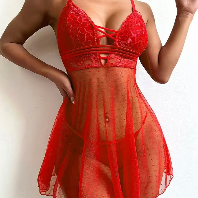 Babydoll de encaje de malla con lunares rojos sexy para mujer