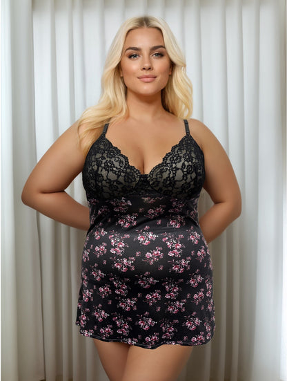 Ladies Small Floral  Printed Chemise with Lace Detail at Bust