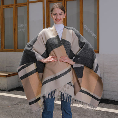 Tassel Split Shawl Autumn Winter Women's Simple Plaid Jacquard Scarf Cloak