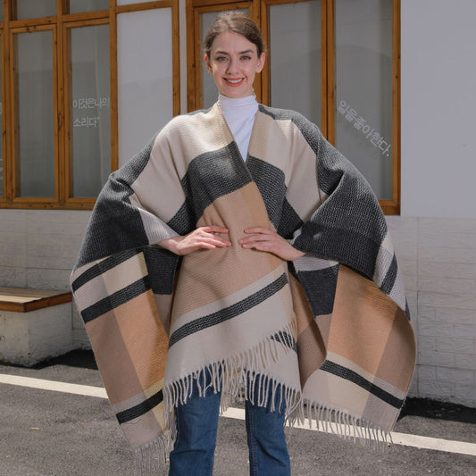 Tassel Split Shawl Autumn Winter Women's Simple Plaid Jacquard Scarf Cloak