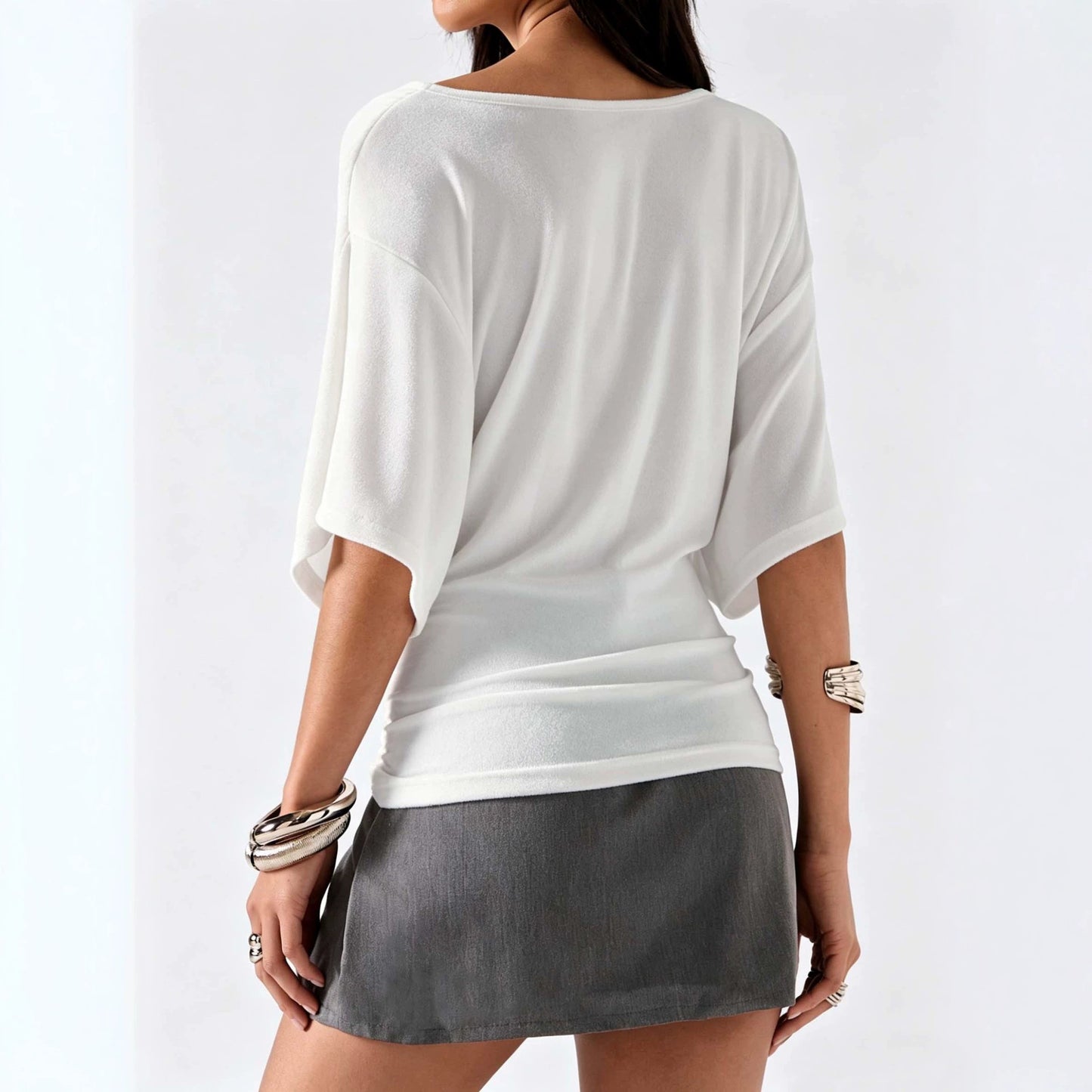 White  Deep V neck Batwing Sleeve Top with Shirring on Sides