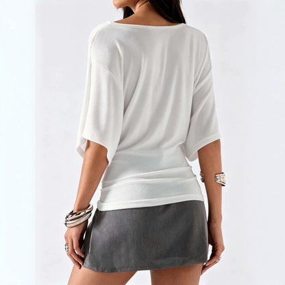 White  Deep V neck Batwing Sleeve Top with Shirring on Sides