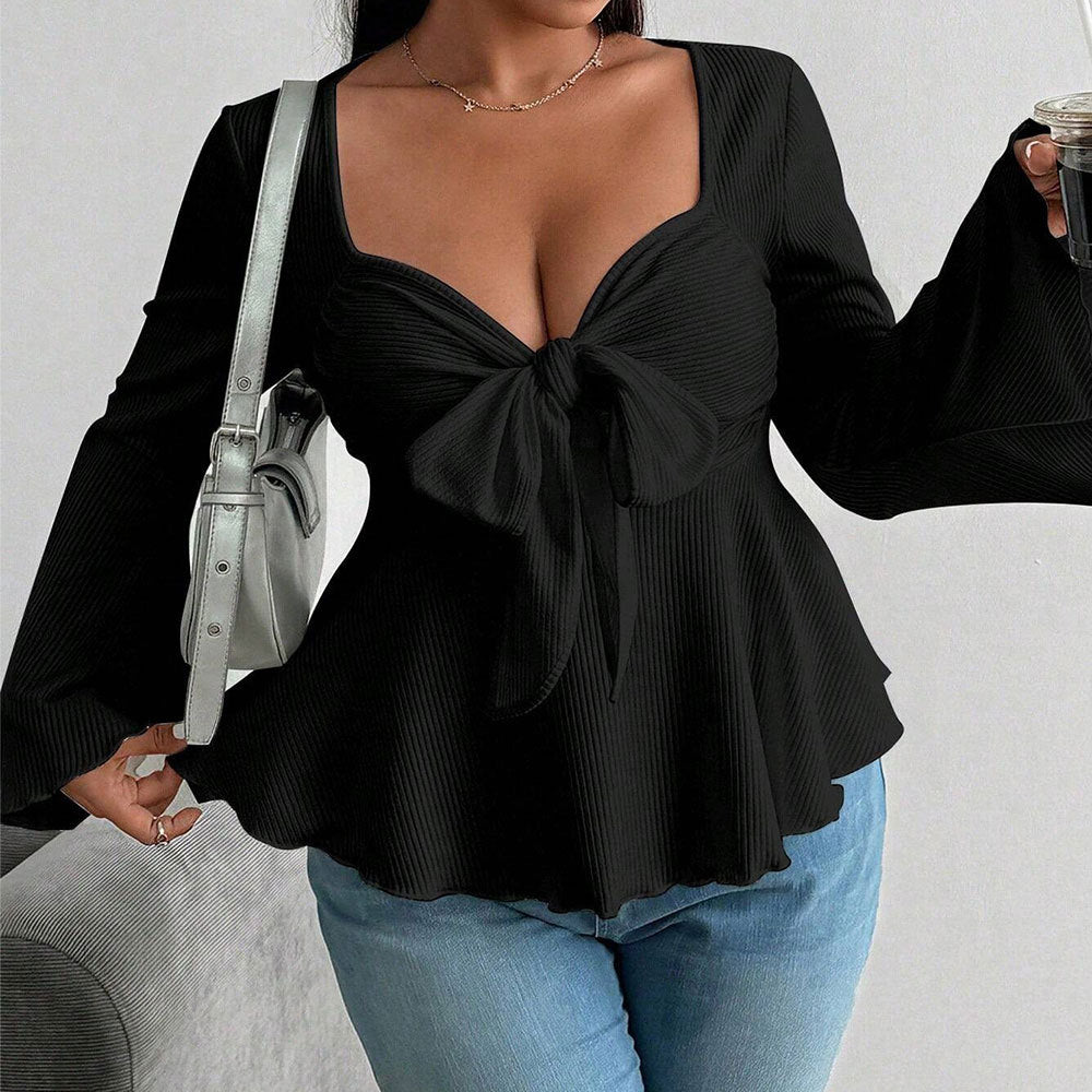 Ladies Sexy V neck T shirt Bell Sleeve Waist Controlled Long Sleeves Top