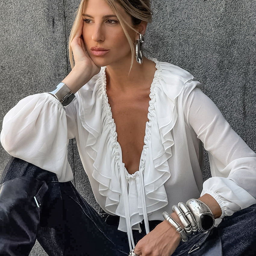 White Chiffon V neck Flounce Lace up Long Sleeve Balloon Sleeve