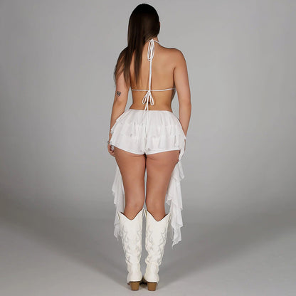 Sheer Pea Mesh   Halter Open Back with Matching Mini Skirt  Festival Vibes