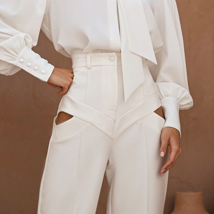 Hollow Out Cutout out Casual Pants Fashionable All Match Loose White Trousers