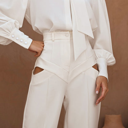 Hollow Out Cutout out Casual Pants Fashionable All Match Loose White Trousers