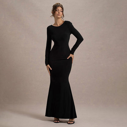 Sexy Backless Bow Long Sleeve Narrow Maxi Dress