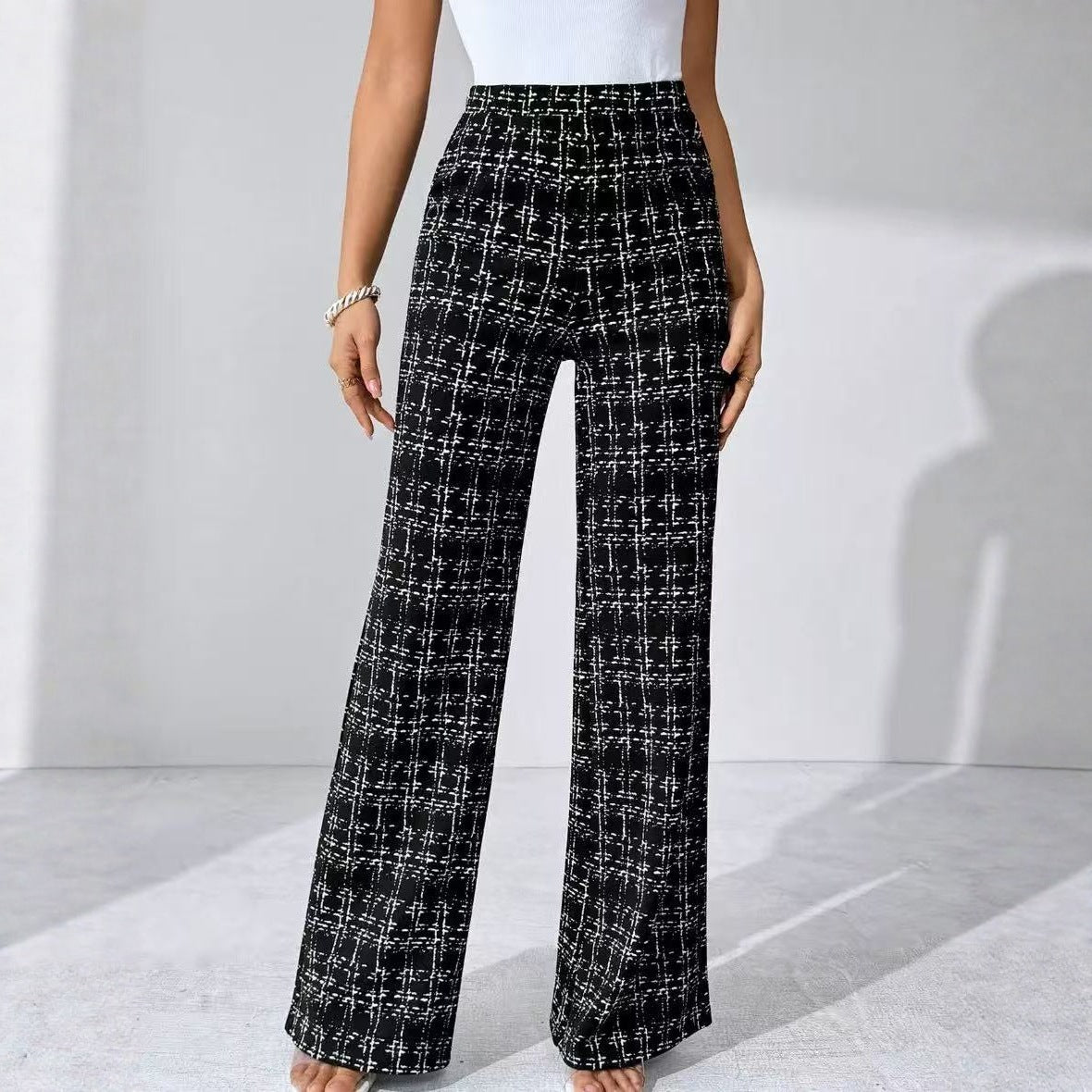 High Waist Straight Plaid  Slimming Boot Cut Pants