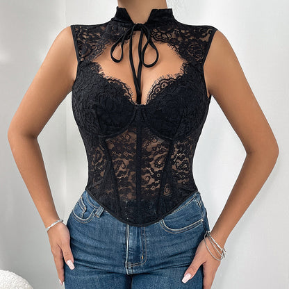 Sexy Lace Sweetheart Neck  Mesh Boning Corset w/ Front ribbon detail